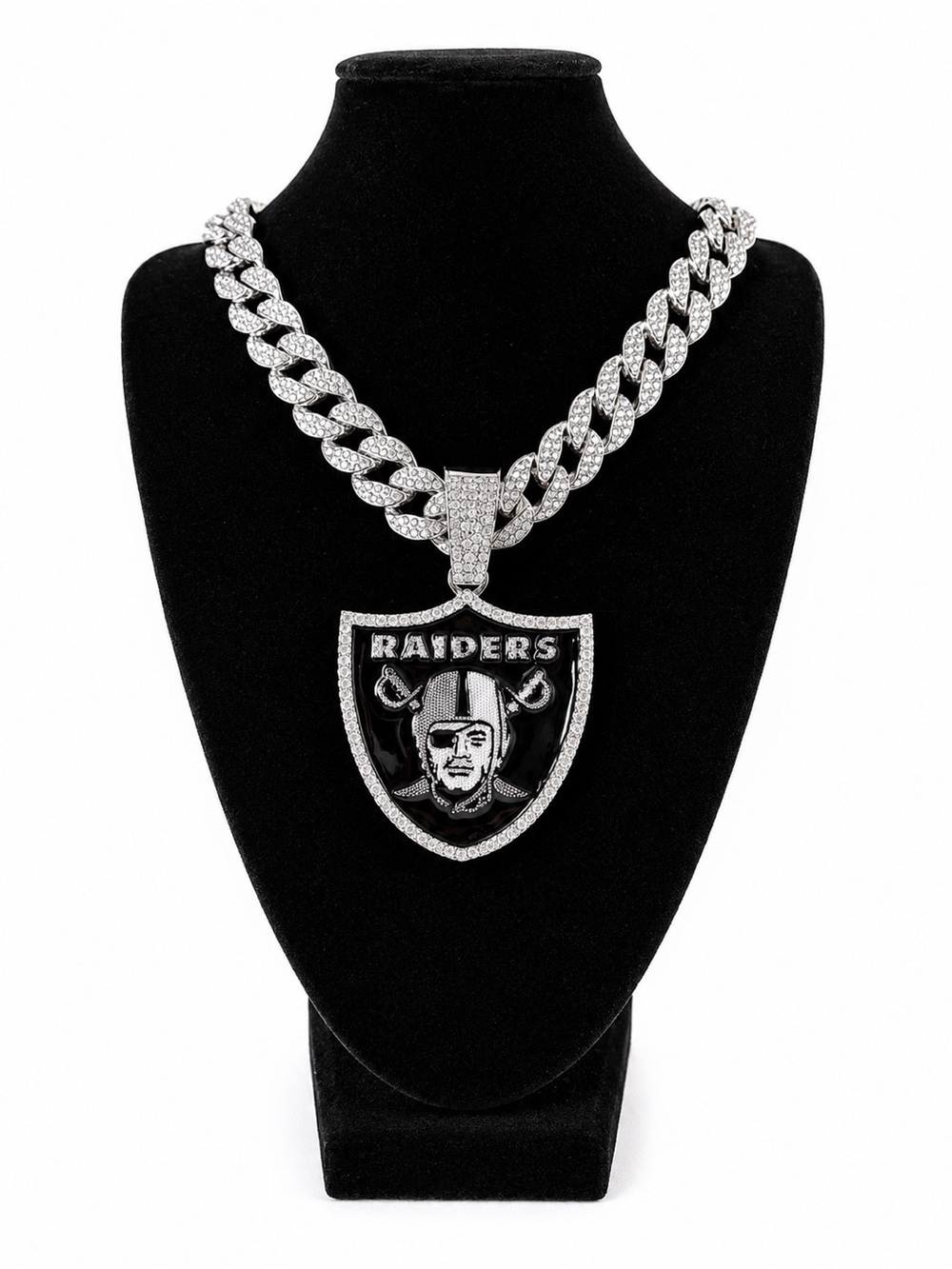 NFL Silver and Black Raiders Paved Cuban Link Pendant Necklace